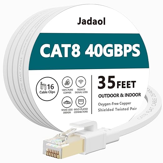 Jadaol Cat 8 Ethernet Cable 35 ft, 40Gbps 2000MHz Flat RJ45 S/FTP LAN Patch by Jadaol