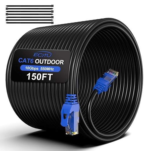 150FT Cat6 Outdoor Ethernet Cable, Heavy Duty Direct Burial, 24AWG CCA Patch by ECJTU-US