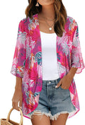Women's Floral Print Puff Sleeve Kimono Cardigan Loose Cover Up Casual Blouse by CHICGAL