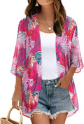 Women's Floral Print Puff Sleeve Kimono Cardigan Loose Cover Up Casual Blouse by CHICGAL