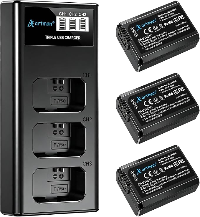 Artman NP-FW50 Battery 3-Pack and Upgraded 3-Slot ZV-E10 Battery LCD Charger by Aartman