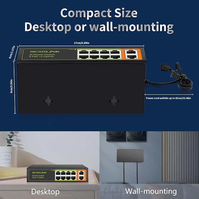 8 Port PoE+ Switch 120W 30W/Port, 2 Uplink Ports, 250M Transmission, AI Smart - Image 7