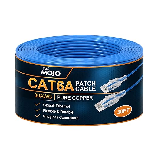 Tecmojo UL Listed Ultra-Slim Cat6a 30ft Ethernet Patch Cable, 30AWG 100% Pure by Tecmojo
