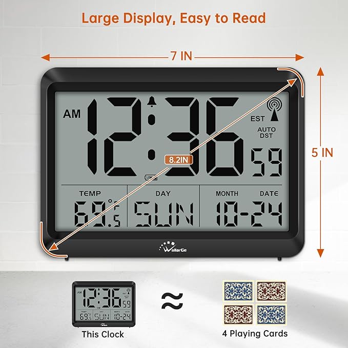 WallarGe Atomic Digital Wall Clock Battery Operated, Self-Setting, Large Display - Image 2
