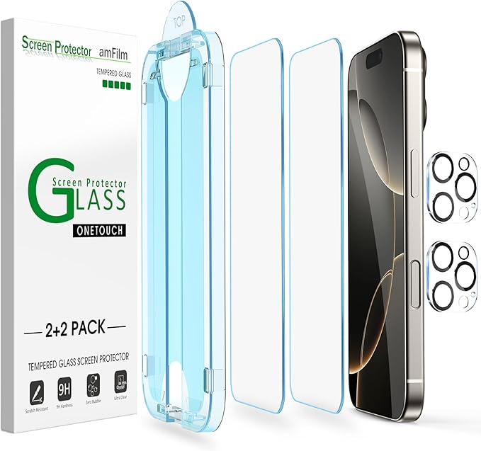 amFilm Auto-Alignment OneTouch for iPhone 16 Pro Screen Protector + Camera Lens by amFilm