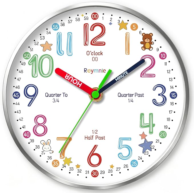 Roymnie Wall Clock Learning to Tell Time Easily Non Ticking Battery Operated by Unknown