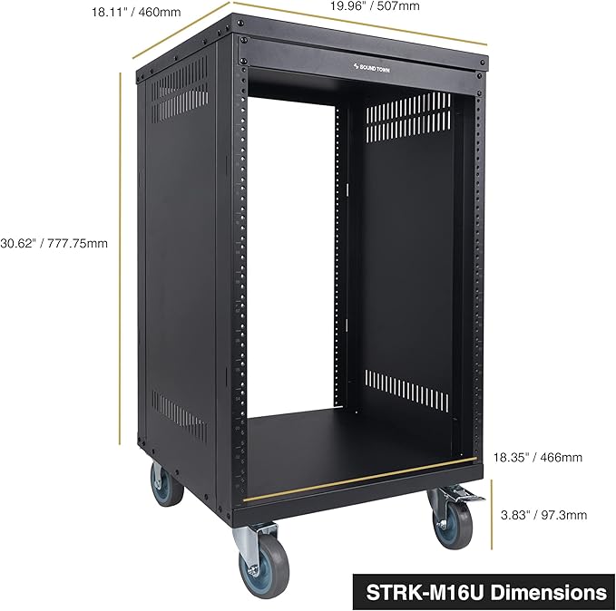 Sound Town 16U Universal Steel Rack, w/Mesh Doors, Locking Casters, Vented Side - Image 7