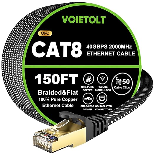 Cat 8 Ethernet Cable 150 FT Flat, High Speed 40Gbps 2000Mhz Braided Internet by EthernetCable