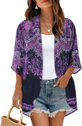 Women's Floral Print Puff Sleeve Kimono Cardigan Loose Cover Up Casual Blouse by CHICGAL
