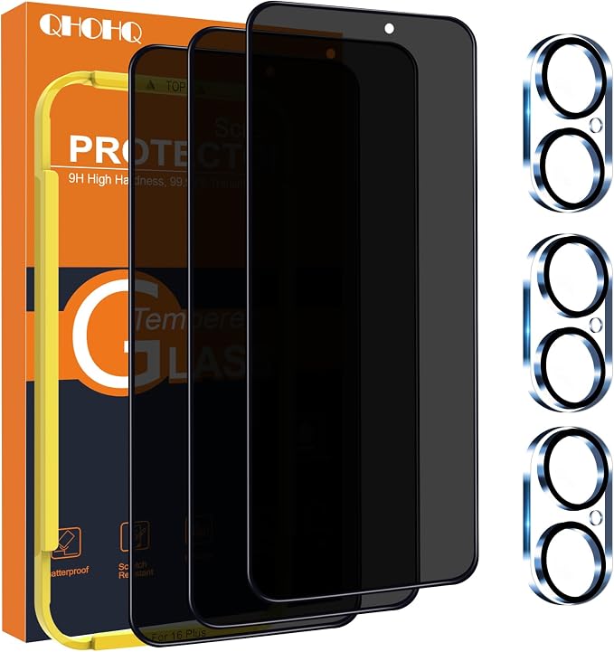 QHOHQ for iPhone 16 Plus Privacy Screen Protector + Camera Lens Protector by QHOHQ