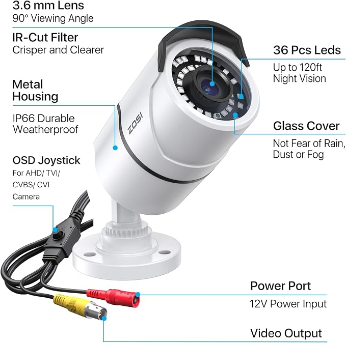 ZOSI 2MP 1080p Security Camera, 4-in-1 TVI/CVI/AHD/CVBS Surveillance Bullet - Image 8