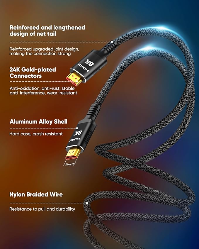 Snowkids 48Gbps 8K HDMI Cable 3.3FT/1M 2-Pack, High Speed HDMI Braided Nylon - Image 4