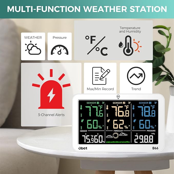 OBET Weather Station Wireless Indoor Outdoor Thermometer Wireless, Color - Image 3