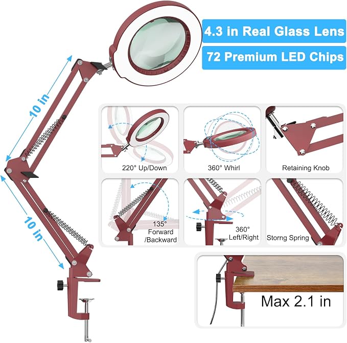 10X Magnifying Glass with Light and Clamp, Real Glass Stand Lighted Magnifier - Image 5