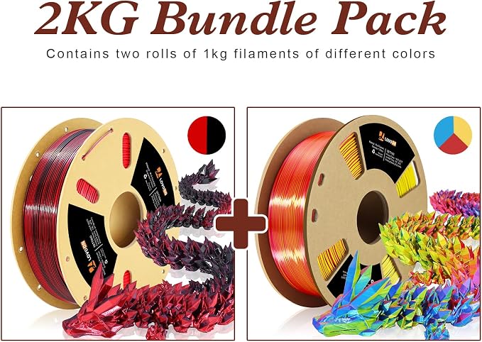 LOVOON Silk PLA 3D Printer Filament Bundle 2 KG, PLA Filament 1.75mm, Shiny - Image 2