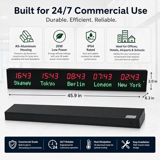 LED World Clock 5 Time Zones, WiFi Auto-Sync Digital Wall Clock, Wide Viewing - Image 3