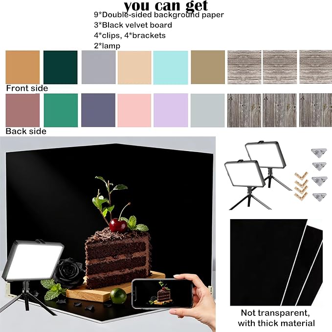 Photo Backdrop Board with 2 LED Lighting Shooting Kit, Anti-Glare Black Flocked - Image 2