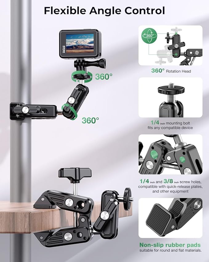 Super Clamp Camera Mount, 360° Dual Ballhead Magic Arm, 1/4"-20 & 3/8"-16 - Image 3