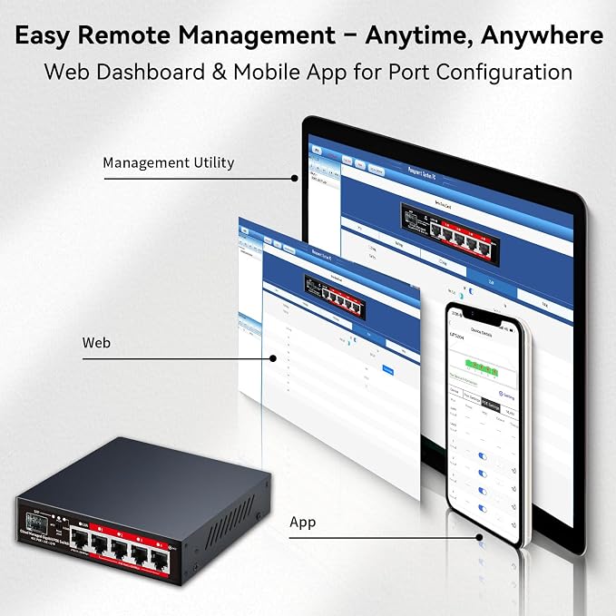 Poe Switch, 5 Port Gigabit PoE+ Switch, Easy Managed Gigabit Ethernet Switch - Image 7