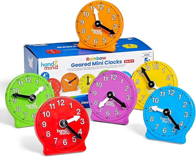 hand2mind Rainbow Geared Mini Learning Clock Set of 6, Analog Teaching Clocks by hand2mind