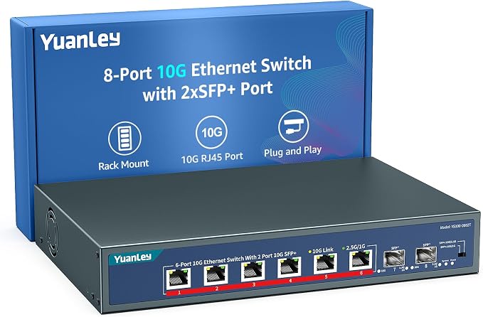 YuanLey 8-Port 10G Ethernet Switch, 6 x 10Gbps RJ45 Ports, 2X 10Gbe SFP+ Ports by YuanLey