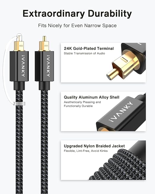 IVANKY Optical Audio Cable 3.3ft/1M, Nylon Braided, 24K Gold-Plated, Slim Metal - Image 2