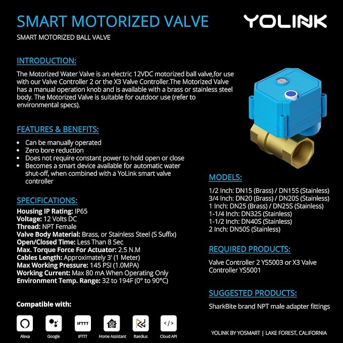 YoLink Valve Controller 2 Kit, 1/2" Brass Motorized Ball Valve, LoRa Long Range - Image 5