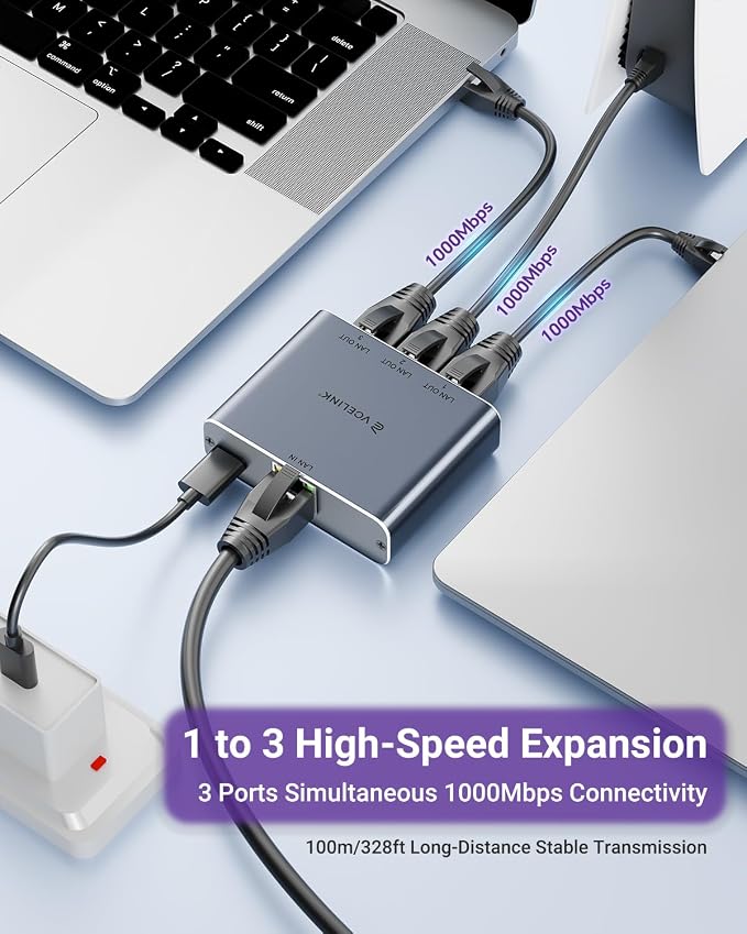 VCELINK Gigabit Ethernet Splitter 1 to 3, 1000Mbps Network Splitter - Image 2