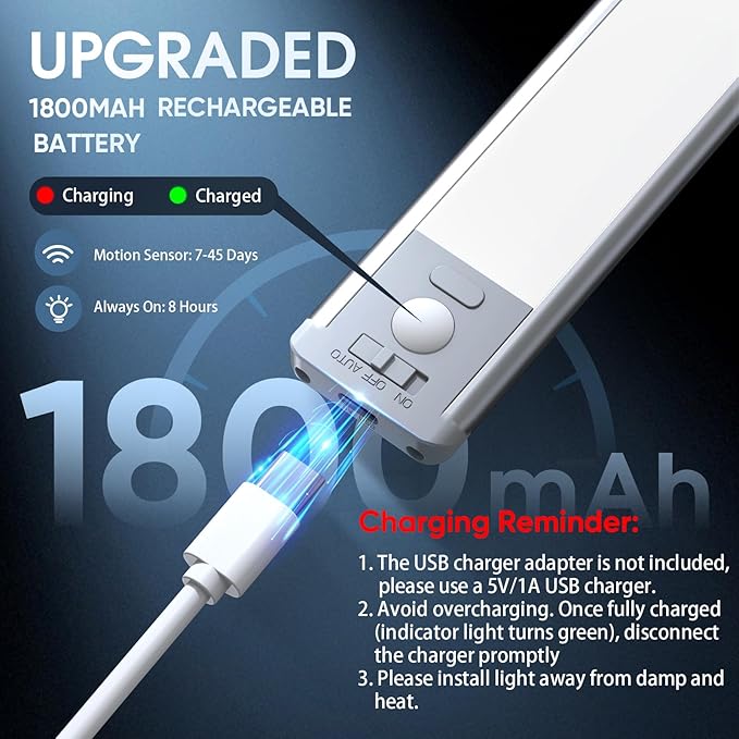 MCGOR 10inch Under Cabinet Lighting, 2 Pack Rechargeable Motion Sensor Light - Image 5