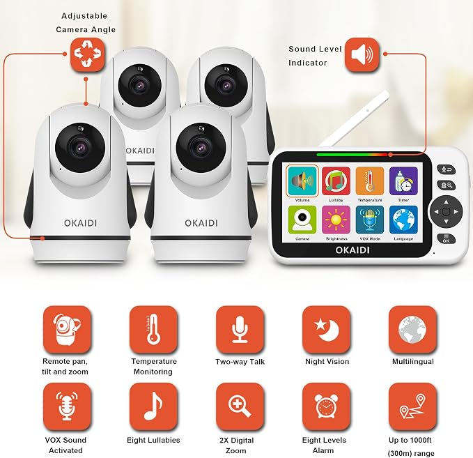 OKAIDI Video Baby Monitor with 4 Cameras, 30H Battery and 1000ft Range - Image 2