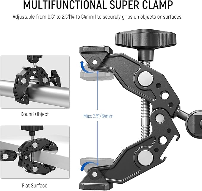 NEEWER Super Clamp with 3" Dual Ballhead Magic Arm, Cold Shoe, 1/4" Threads - Image 3