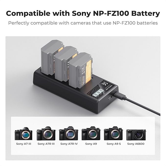 K&F CONCEPT NP-FZ100 Battery Charger, 3-Slot A7iii Camera Battery Charger - Image 3