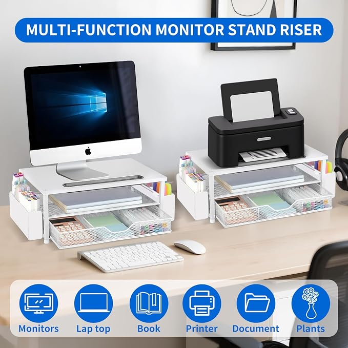 AUPSEN White Monitor Stand Riser, 2-Tier Wood Computer Desk Organizer - Image 4
