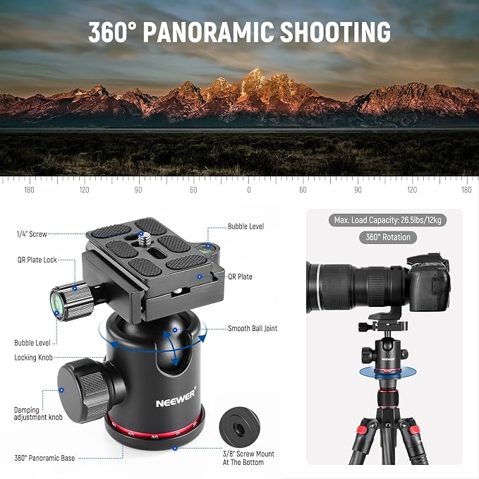 NEEWER 66"/168cm Carbon Fiber Tripod - Image 4