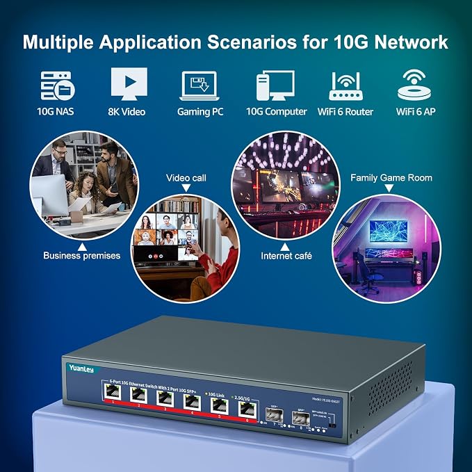 YuanLey 8-Port 10G Ethernet Switch, 6 x 10Gbps RJ45 Ports, 2X 10Gbe SFP+ Ports - Image 5