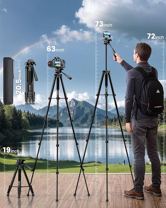 73" Camera Tripod for Camera and Phone, Aluminum Travel Tripod for iPhone - Image 3