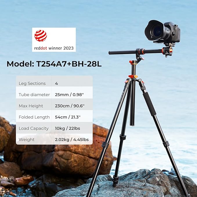 K&F CONCEPT 90''/230cm Ultra High Camera Tripod T254A7+BH-28L | Horizontal - Image 2