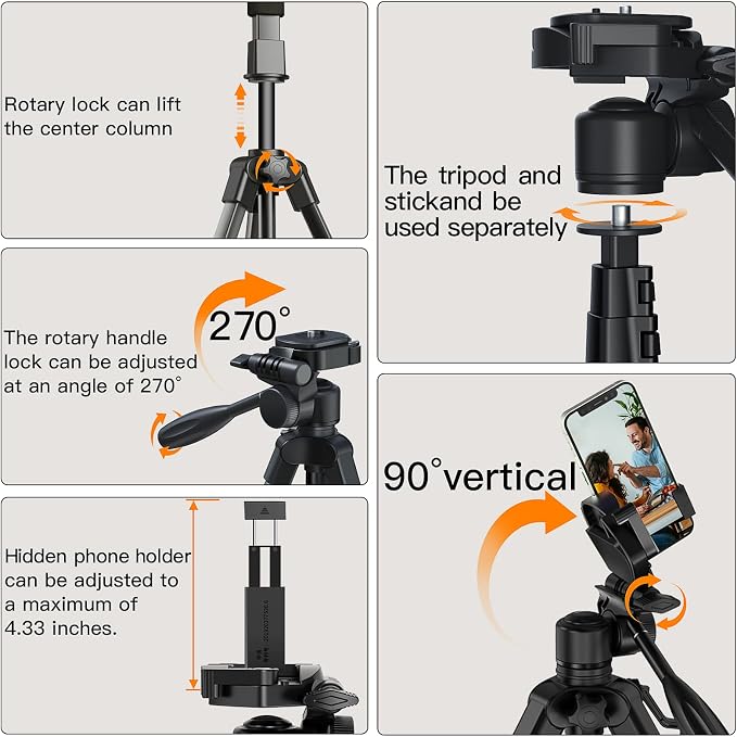 Camera Tripod 66.7 Inch, Patented 3-Way Rotating Portable Cameras Stand - Image 5