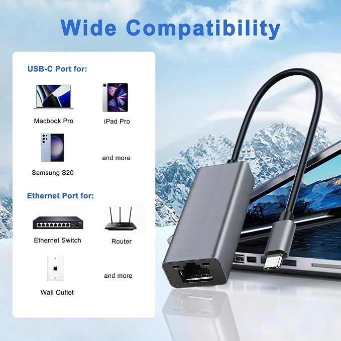 USB C to Ethernet Adapter, Portable 1-Gigabit Network Hub, 10/100/1000 Mbps - Image 5