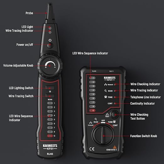 KAIWEETS Network Cable Tester, RJ45 RJ11 Wire Tracer Line Finder, Tone - Image 7