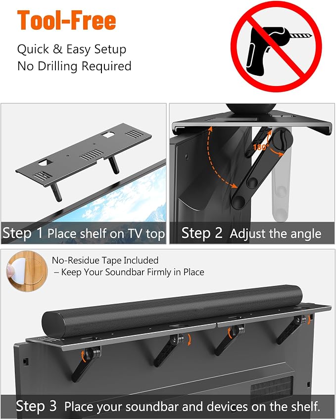 Soundbar Mount, No Drilling Steel TV Top Shelf Fits Most of Sound Bars Up to 15 - Image 3