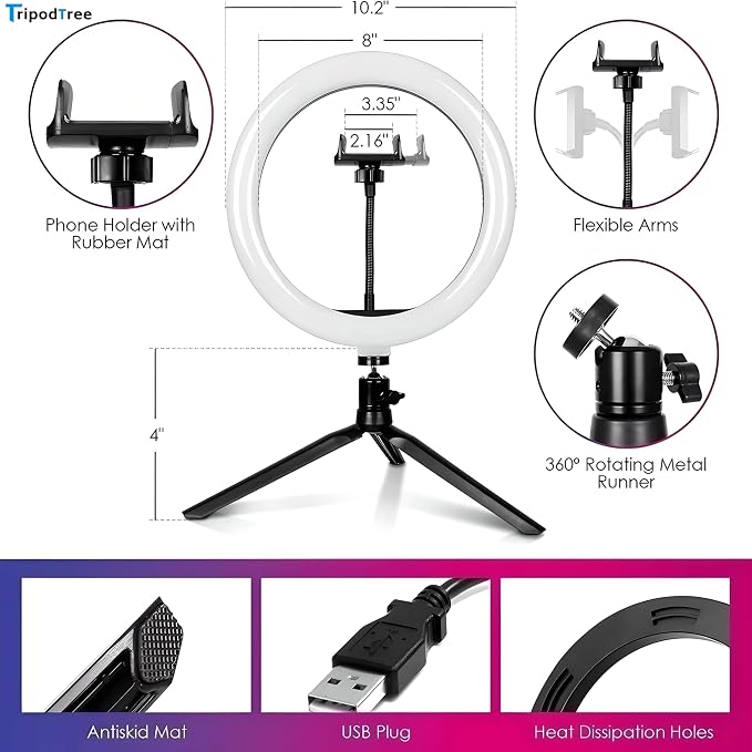 10" Selfie Ring Light with 4" Desktop Tripod Stand & 1 Phone Holder, LED - Image 3