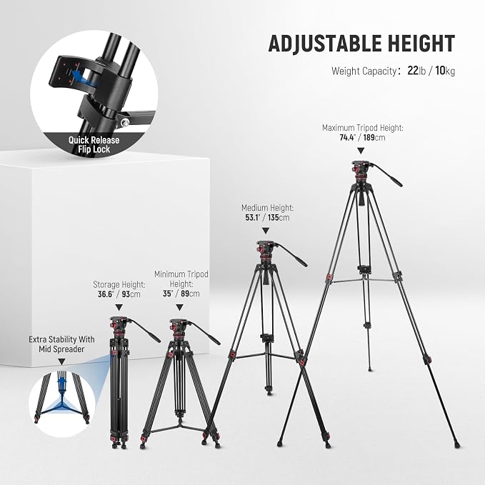 NEEWER 74" Video Tripod with Adjustable Damping Fluid Head, Metal Heavy Duty - Image 5