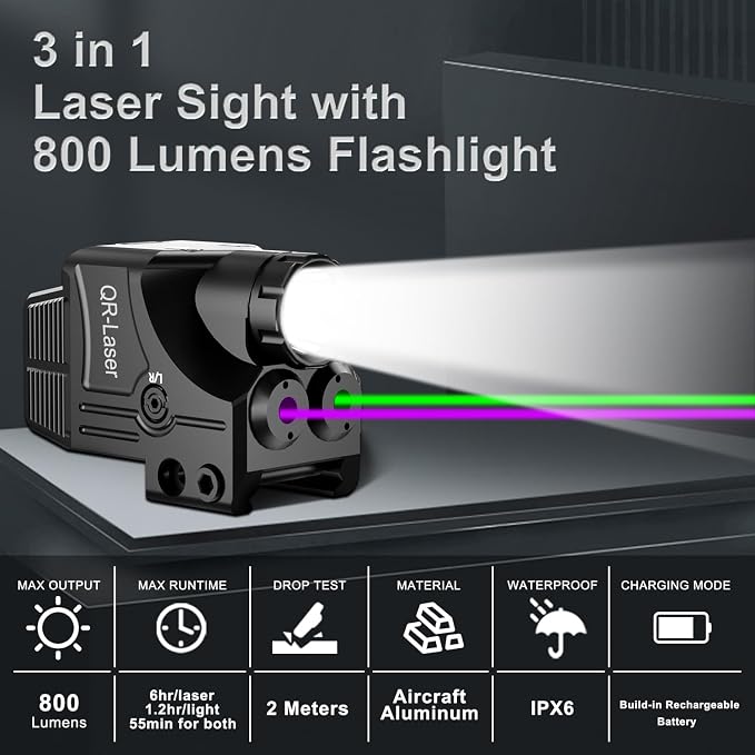 Red Green Purple Blue Laser Light Combo, 800 Lumens Tactical Flashlight Laser - Image 2