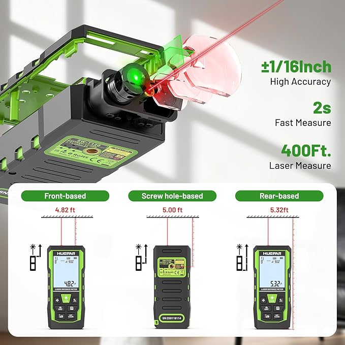 Huepar 3-in-1 Laser Measuring Tool, 400Ft Laser Measure & 33Ft Green Cross Line - Image 4