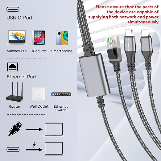USB C to Ethernet Cable with Charging 15 Feet, USB-C Male 100W PD & Gigabit LAN - Image 2