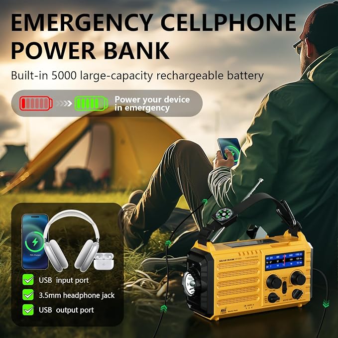 Emergency Weather Radio, 5 Ways Powered Crank Solar Radio, Portable - Image 5