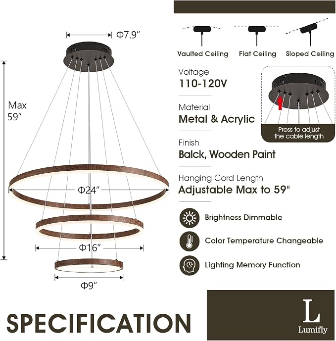 3 Ring Chandelier Modern LED Pendant Light - Image 6