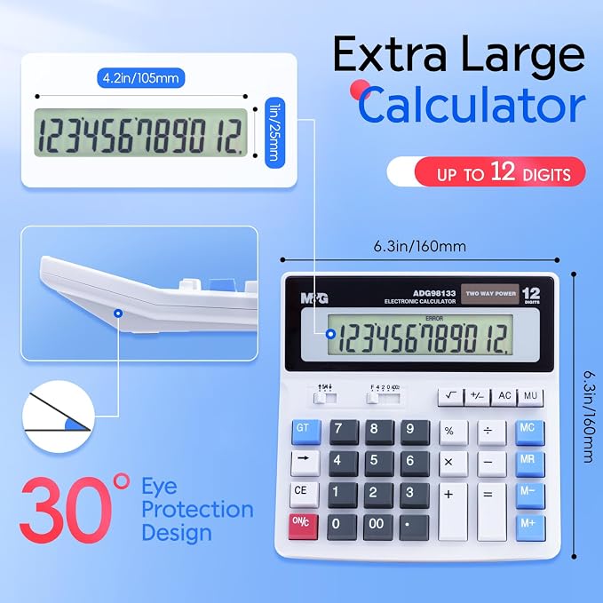 M&G Desk Calculator 12 Digit Extra Large LCD Display, Dual Solar Power and - Image 5