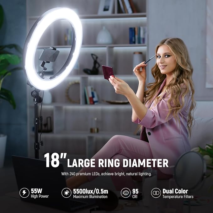 NEEWER 18" Ring Light, 58W 5500lx 5600K Dimmable CRI95 240 LEDs, Lighting - Image 3